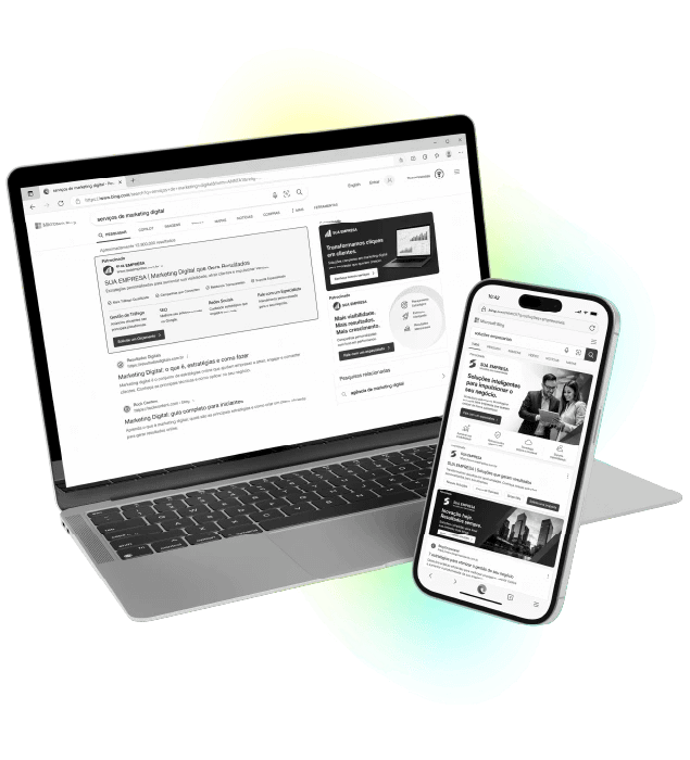mockup de notebook e celular exibindo trafego pago bing e microsoft advertising