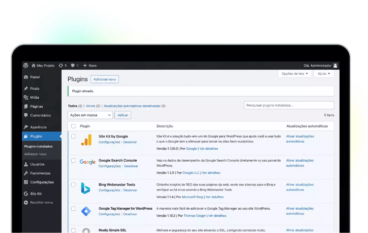 Painel de Plugins - Criacao de Site WordPress Webmee painel do wordpress exibindo instalacao e configuracao de plugins para criacao de site wordpress