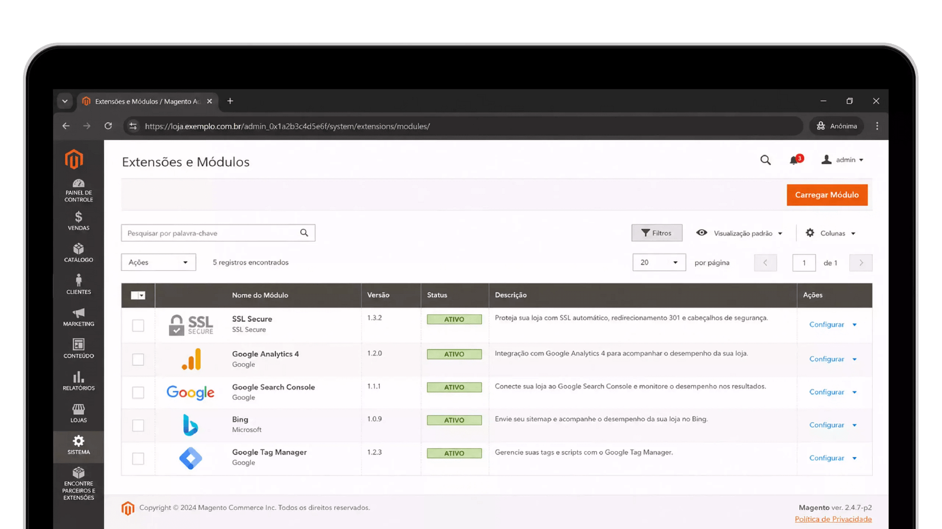 Painel de Modulos Magento - Agencia E-commerce Webmee painel do magento exibindo extensoes e modulos configurados por agencia e-commerce