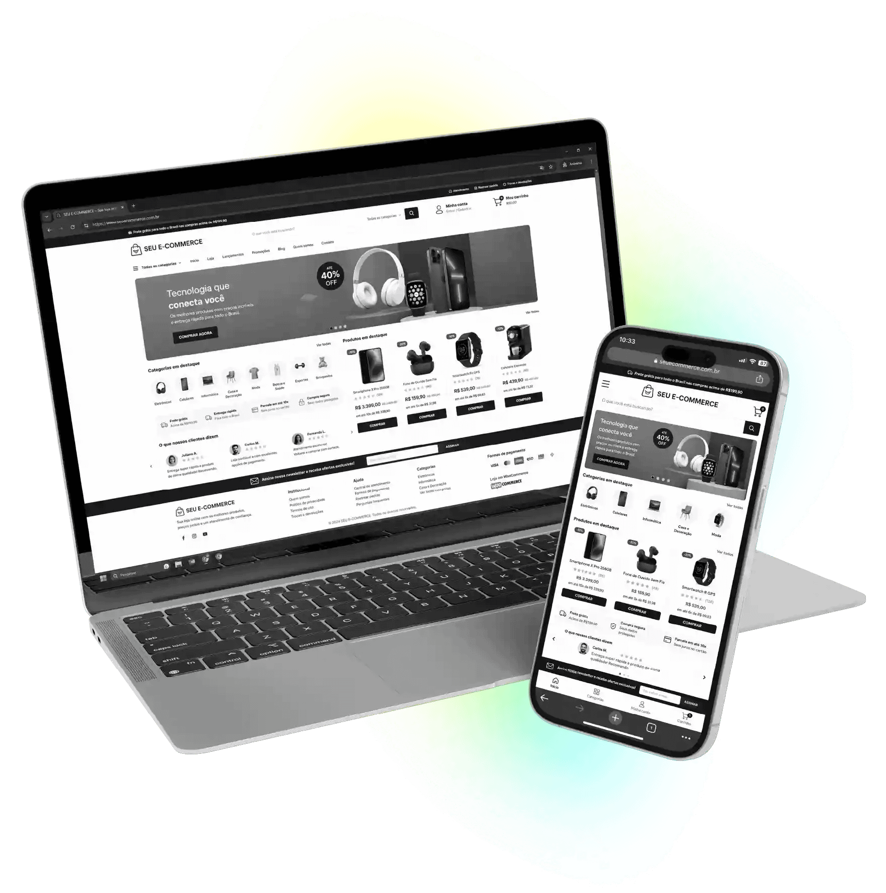 Cases de Sucesso - Desenvolvimento de Sites Webmee mockup de notebooks exibindo projetos de desenvolvimento de sites e e-commerce