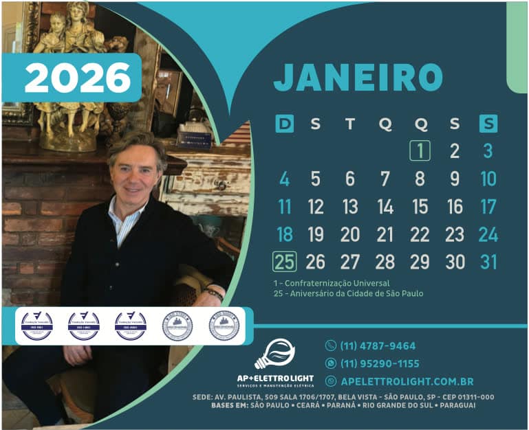 Página de janeiro do calendário 2026 da AP+ Elettrolight