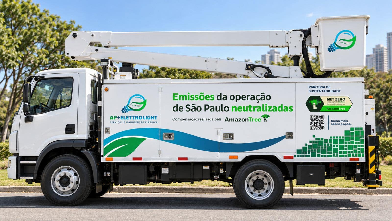 Simulação de caminhão adesivado com a campanha de sustentabilidade da AP+ Elettrolight